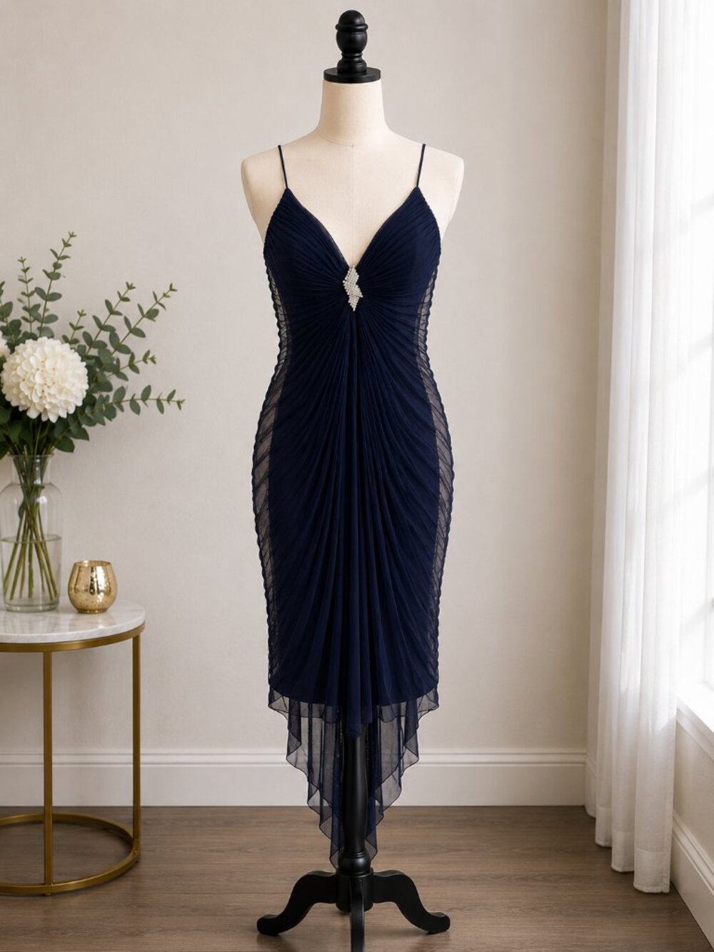 Nicole Bakti Navy Pleated Chiffon Cocktail Dress Women's Medium Rhinestone Accen